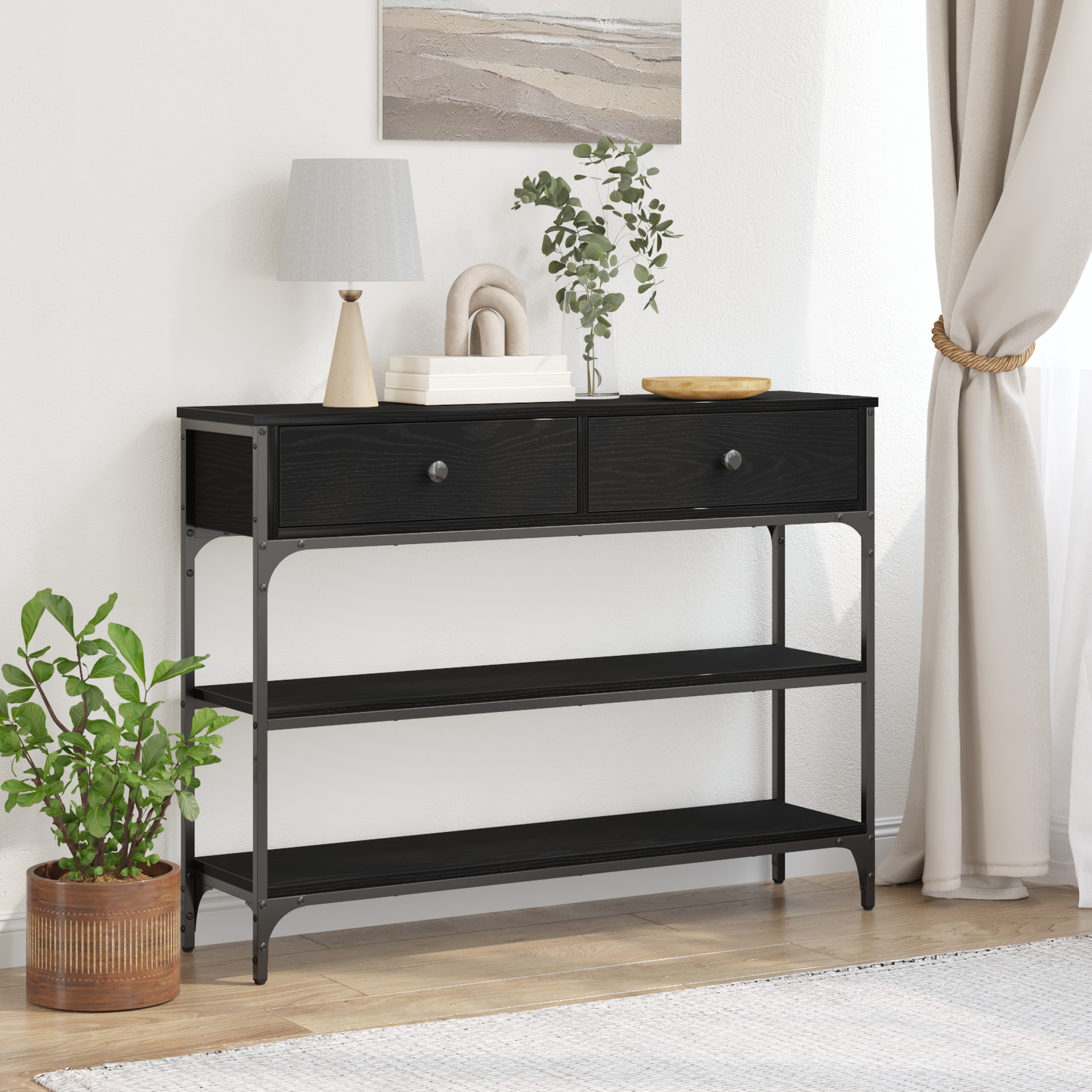 Konsolbord Sort Eg 100X25X75 Cm Ingeniørtræ & Stål