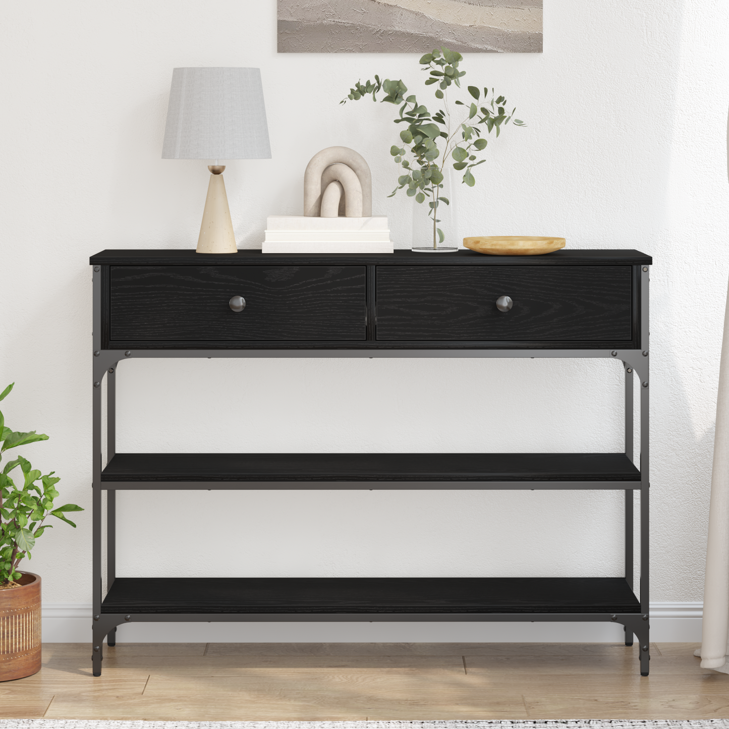 Konsolbord Sort Eg 100X25X75 Cm Ingeniørtræ & Stål