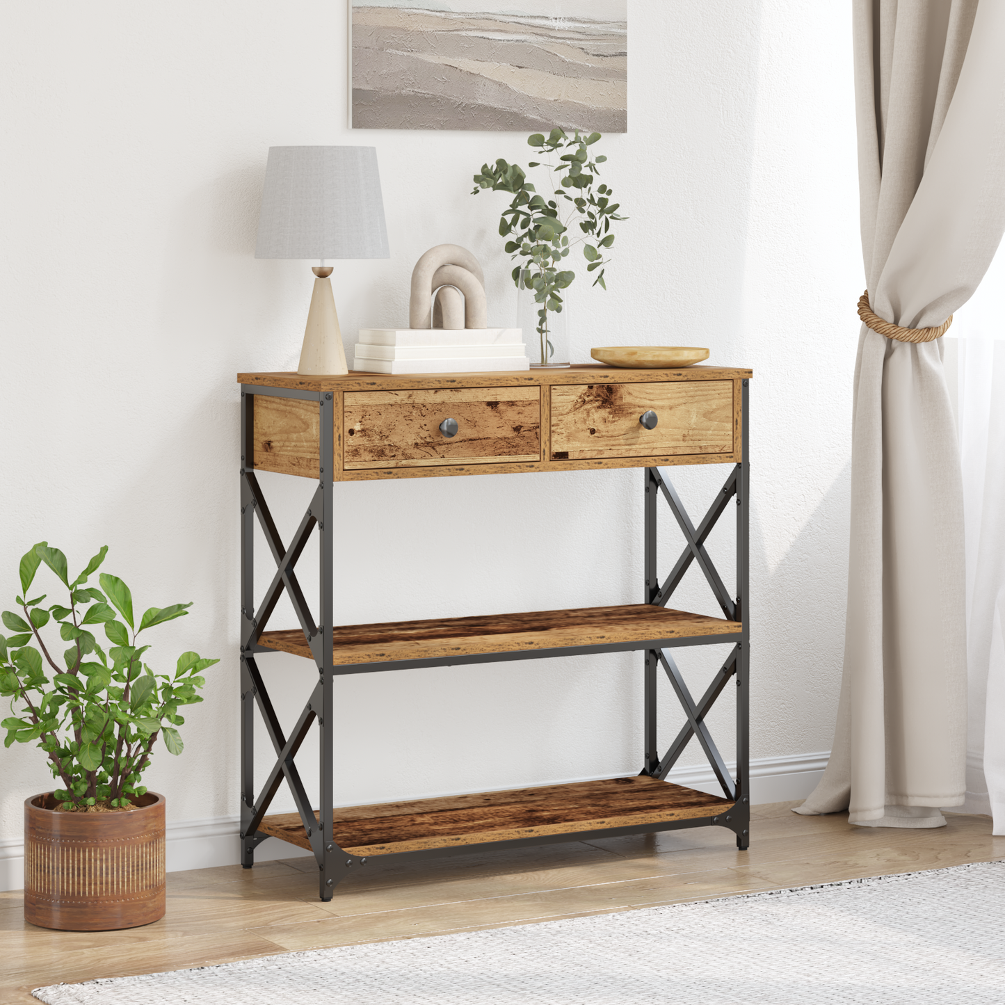 Konsolbord Gammelt Træ 75X28X75 Cm Ingeniørtræ Og Stål