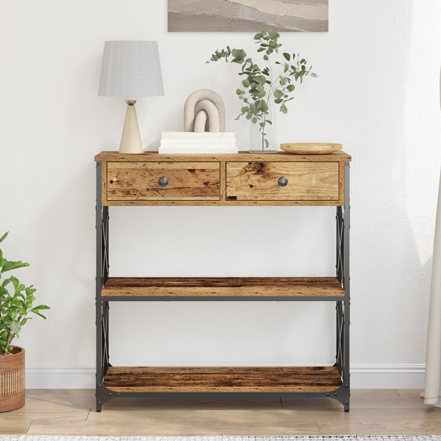 Konsolbord Gammelt Træ 75X28X75 Cm Ingeniørtræ Og Stål