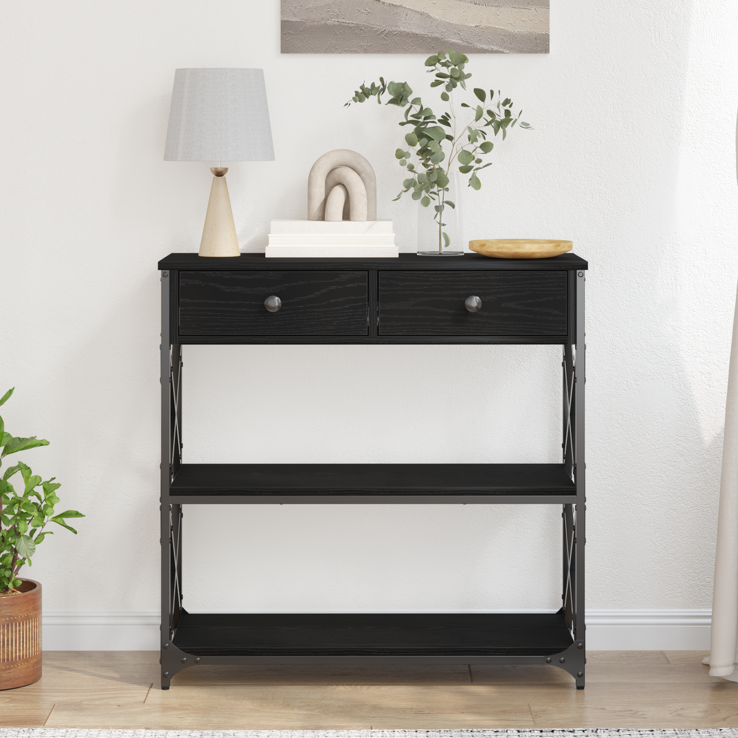 Konsolbord Sort Eg 75X28X75 Cm Konstrueret Træ Og Stål