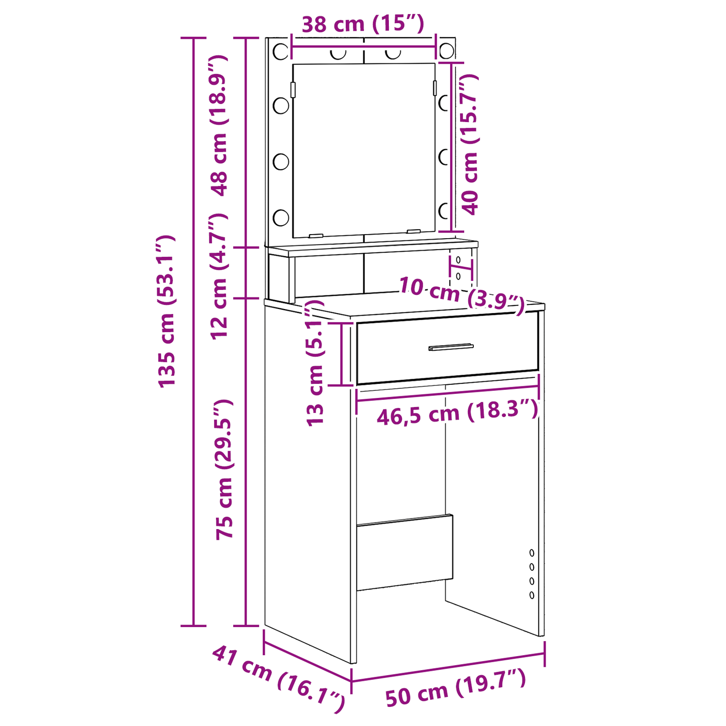 Makeupbord Med Skuffe Sort Eg 50 X 41 X 135 Cm Konstrueret Træ