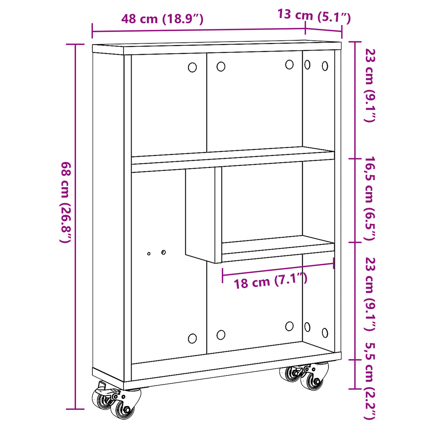 Smal Opbevaringsvogn Sort Eg 48X13X68 Cm Konstrueret Træ