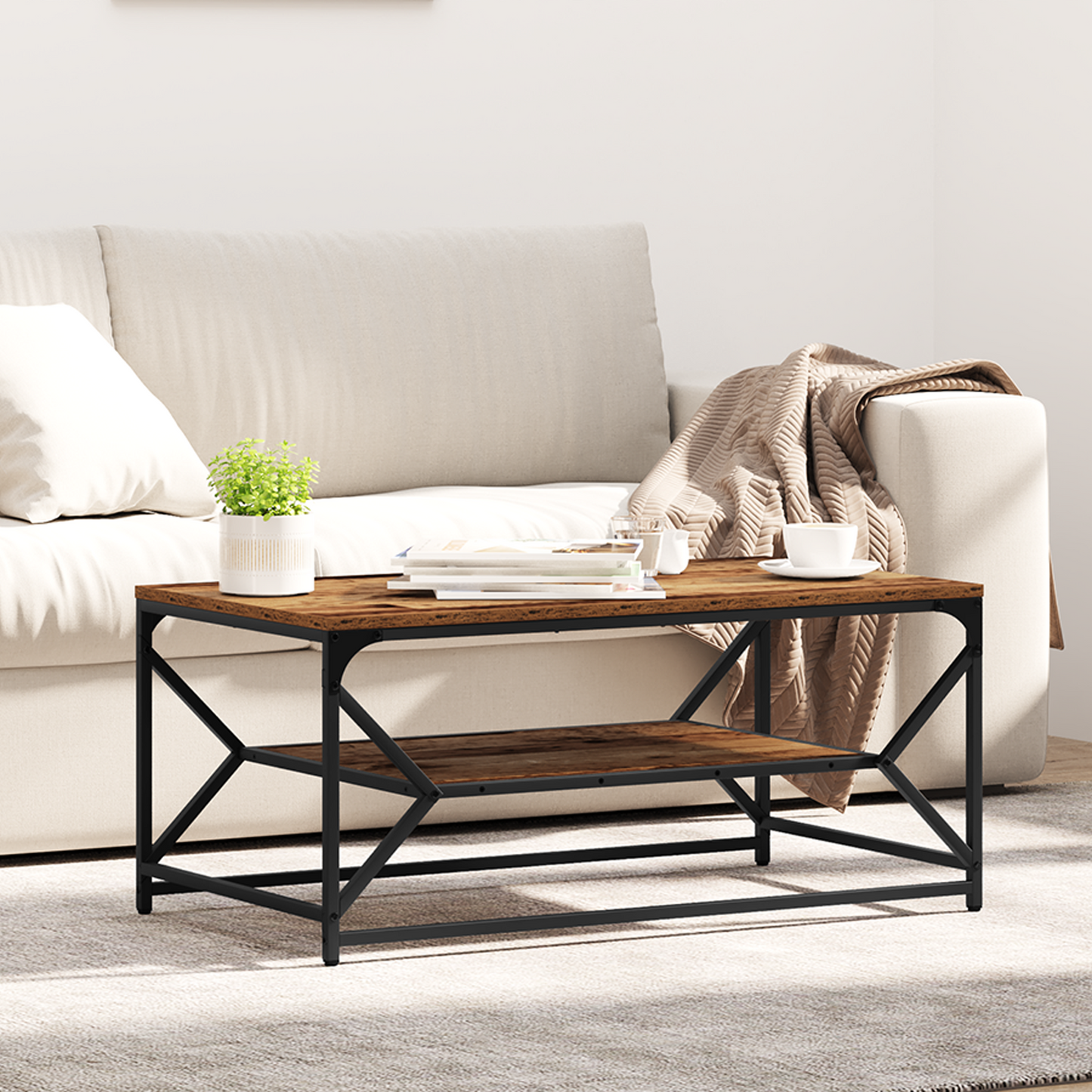 Sofabord Med Hylde I Gammelt Træ 90X50X40 Cm - Konstrueret Træ