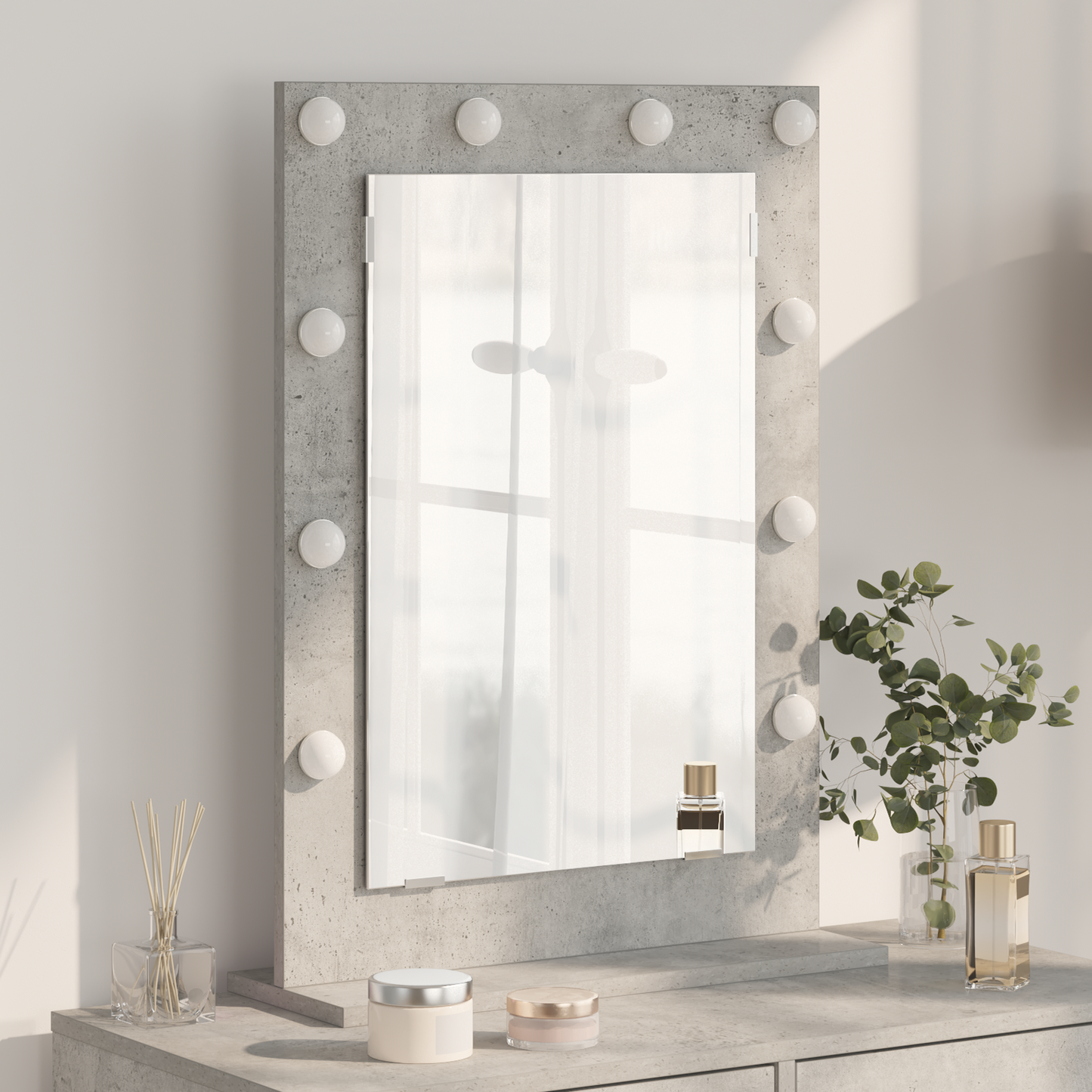 Vaskeskab Spejl Med Led -strimmellys Beton Grå 70 X 50 X 18 Cm - Hovedbillede