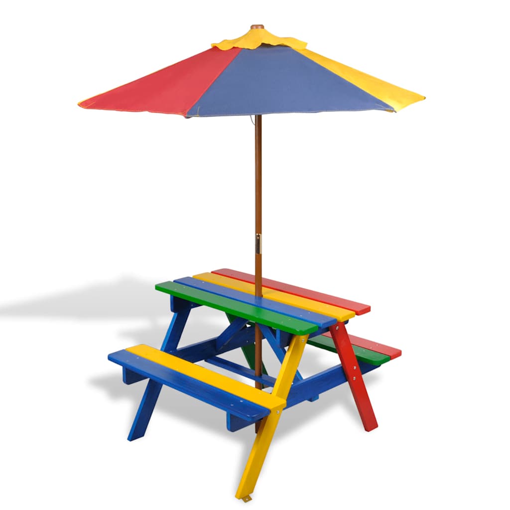 Børnepicnicbord med parasol i fyrretræ – til haven