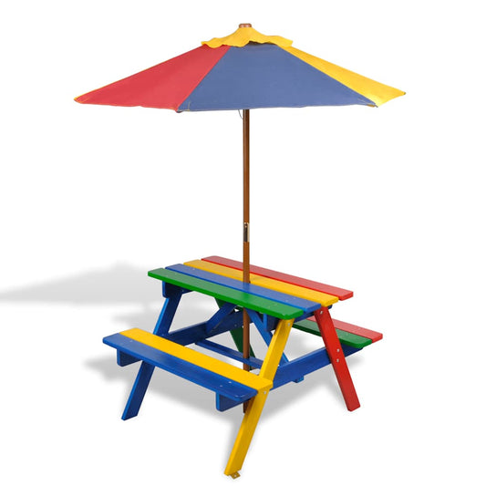 Børnepicnicbord med parasol i fyrretræ – til haven