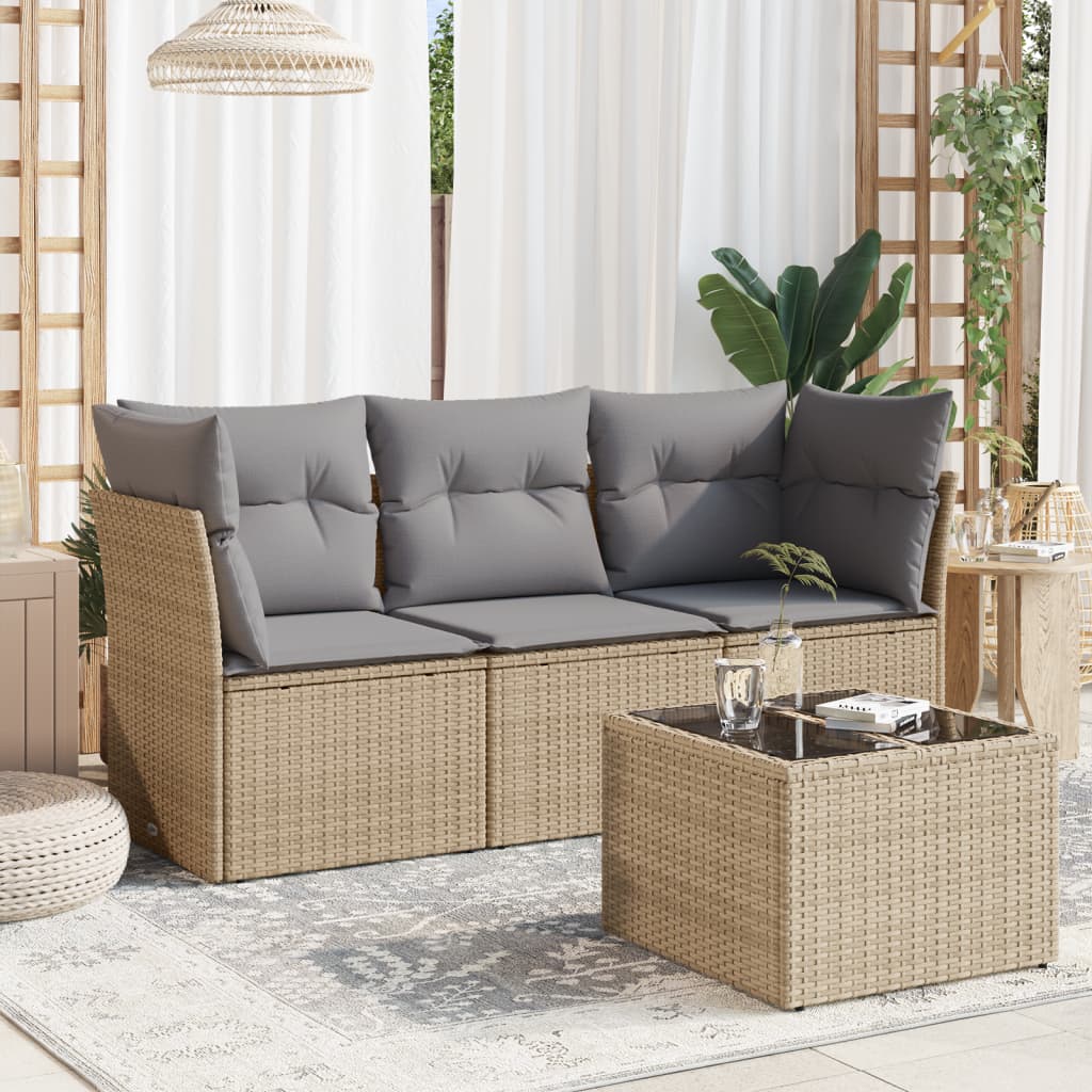Beige polyrattan sofasæt til haven – 4 dele