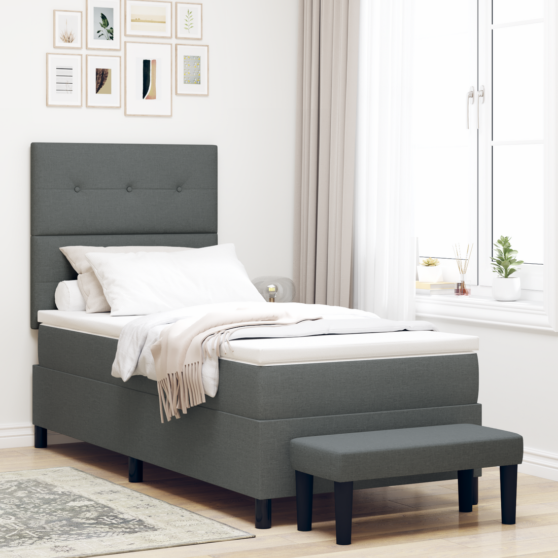 Box Spring Seng Med Madras & Bænk Mørkegrå 100X200 Cm Stof
