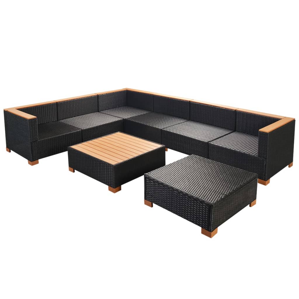 Haveloungesæt Med Hynder Polyrattan Sort