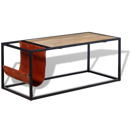 Sofabord Med Ægte Læder Magasinholder 110X50X45 Cm