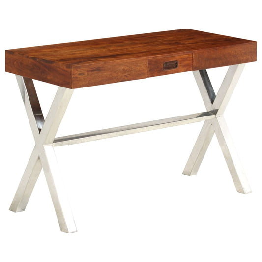 Skrivebord 110X50X76 Cm Massivt Akacietræ Honningfarvet Finish Børstet Nikkel