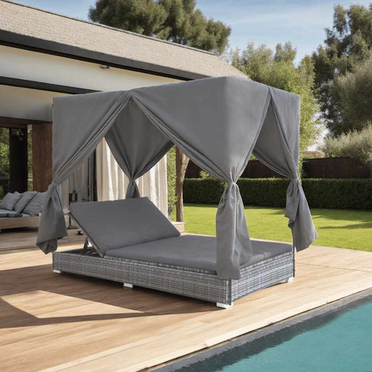 Udendørs Solseng Med Gardiner Polyrattan Grå