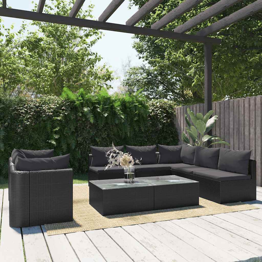Haveloungesæt 9 Dele Med Hynder Polyrattan Sort - Hovedbillede