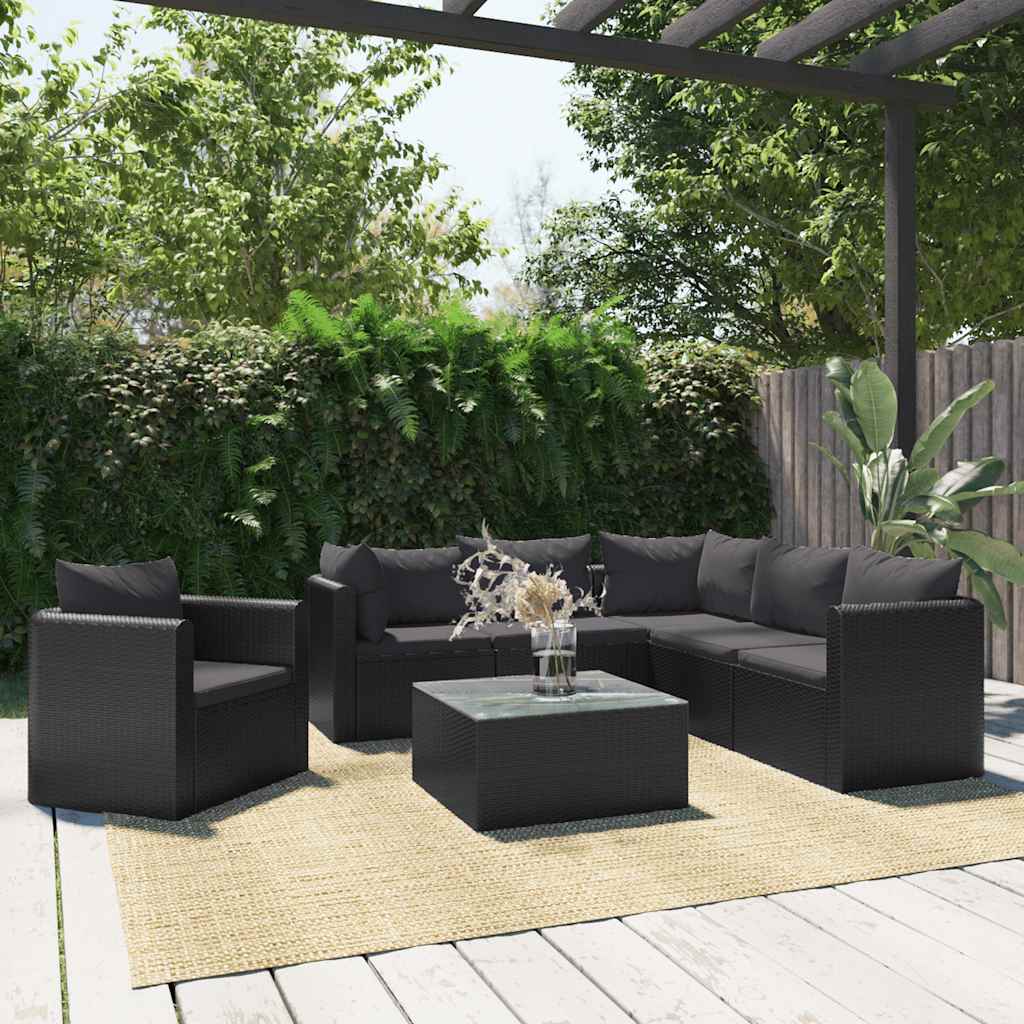 Haveloungesæt 7 Dele Med Hynder Polyrattan Sort - Variant 46552
