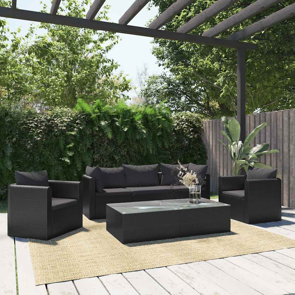 Haveloungesæt 7 Dele Med Hynder Polyrattan Sort - Variant 46553