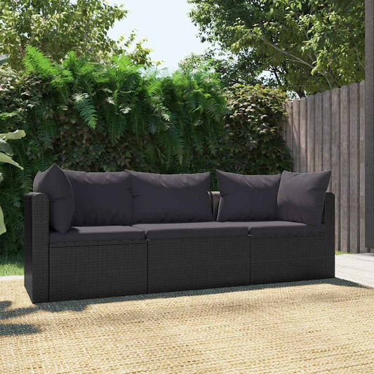 Havesofasæt 3 Dele Med Hynder Polyrattan Sort - Hovedbillede