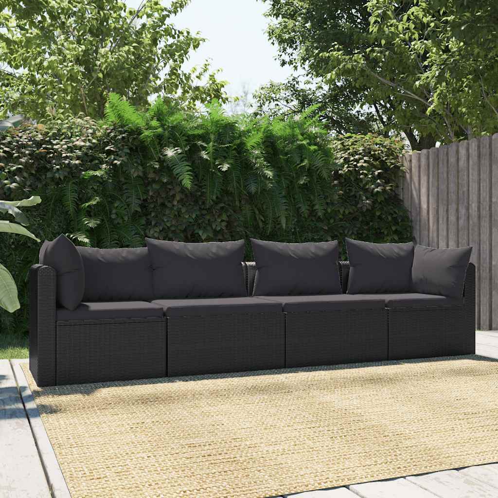 Havesofasæt Med Hynder 4 Dele Polyrattan Sort - Hovedbillede