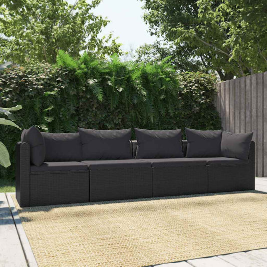 Havesofasæt Med Hynder 4 Dele Polyrattan Sort - Hovedbillede