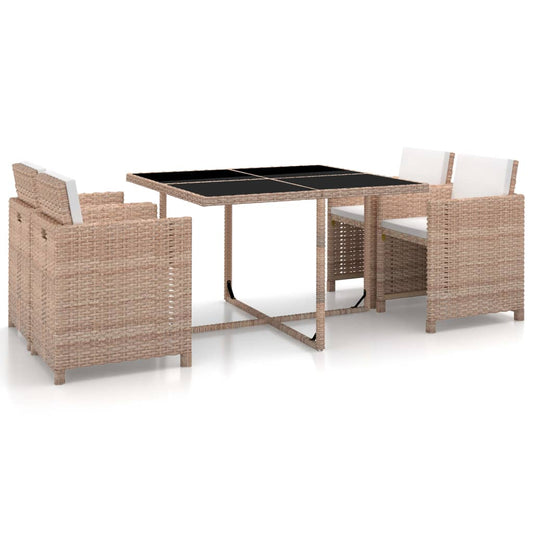 Udendørs Spisebordssæt 5 Dele Med Hynder Polyrattan Beige - Hovedbillede