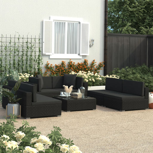 Haveloungesæt 7 Dele Med Hynder Polyrattan Sort