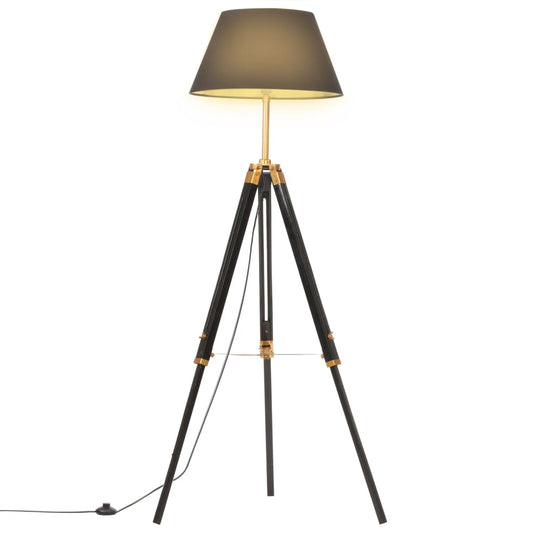 Gulvlampe Med Trefod 141 Cm Massivt Teaktræ Sort Og Guldfarvet