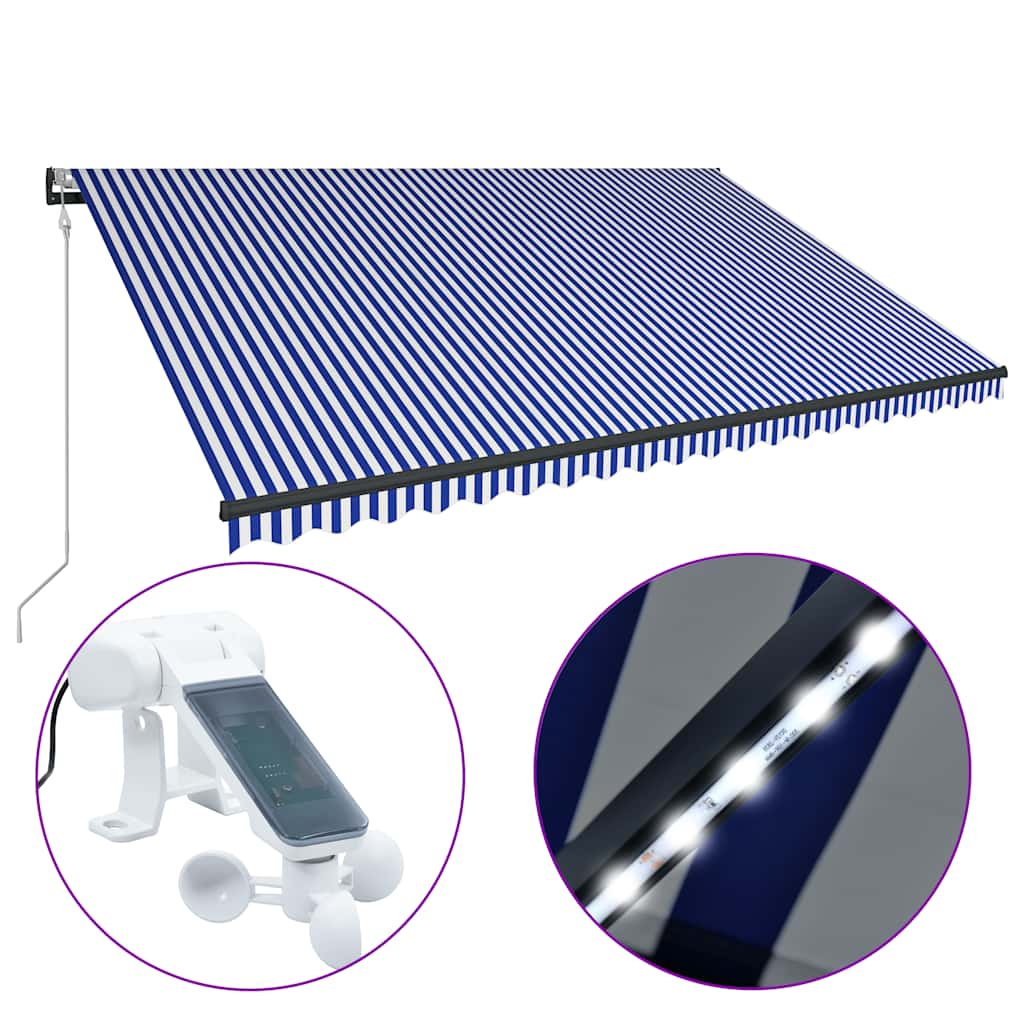 Markise Med Vindsensor Og LED 500x300 Cm Blå Og Hvid - Billede 2