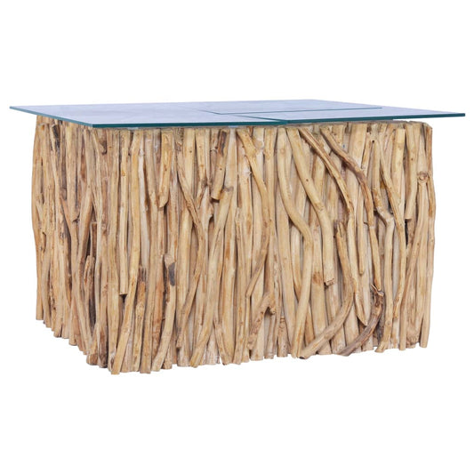 Sofabord Med Glasplade 66X66X40 Cm Massivt Teaktræ Sort
