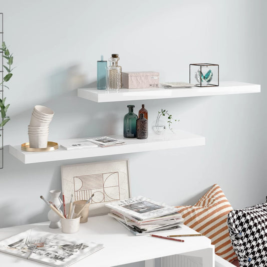 Væghylder 2 Stk. 90X23,5X3,8 Cm Mdf Hvid Højglans