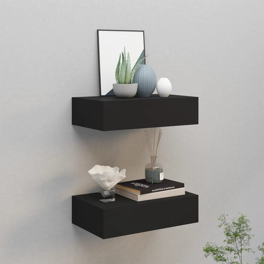Væghylder Med Skuffer 2 Stk. 40X23,5X10 Cm Mdf Sort