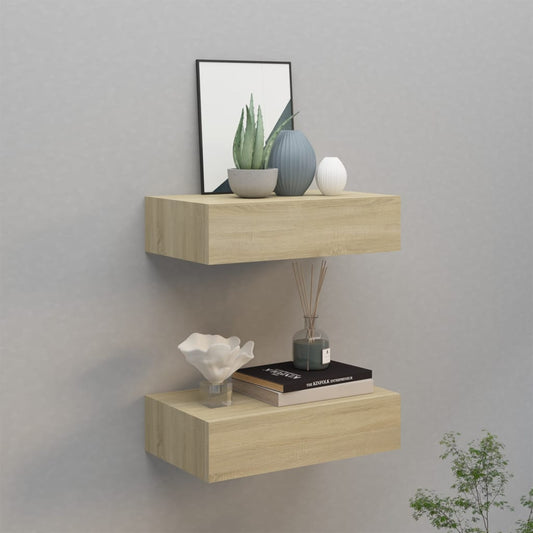 Væghylder Med Skuffer 2 Stk. 40X23,5X10 Cm Mdf Egetræsfarvet