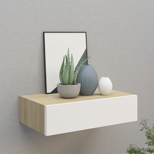 Væghylde Med Skuffer 40X23,5X10 Cm Mdf Egetræsfarve Hvid Egetræ Og Hvid
