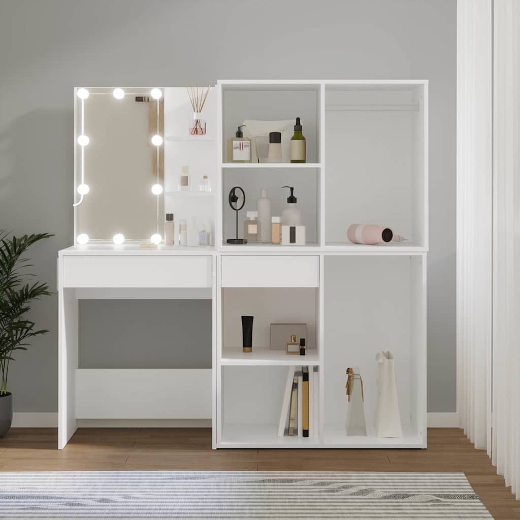 Makeupbord Med LED-lys Og 2 Skabe Konstrueret Træ - Variant 3082026