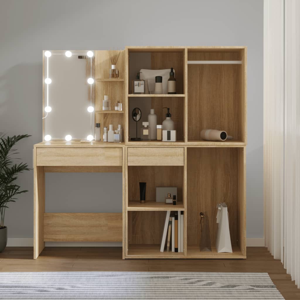 Makeupbord Med LED-lys Og 2 Skabe Konstrueret Træ - Variant 3082029