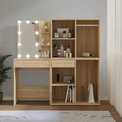Makeupbord Med LED-lys Og 2 Skabe Konstrueret Træ - Variant 3082029