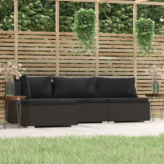 Loungesæt Til Haven 4 Dele Med Hynder Polyrattan Sort