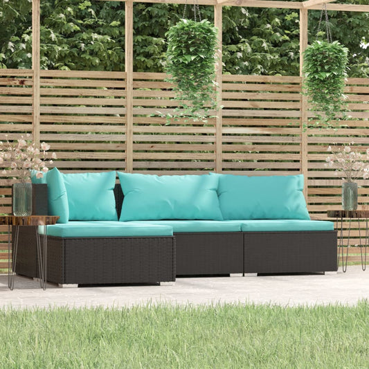 Loungesæt Til Haven 4 Dele Med Hynder Polyrattan Sort Sort Og Aquablå