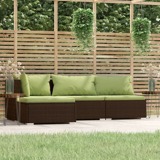 Loungesæt Til Haven 4 Dele Med Hynder Polyrattan Brun Brun Og Grøn