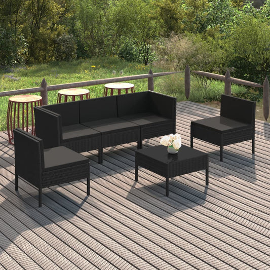Loungesæt Til Haven 6 Dele Med Hynder Polyrattan Sort