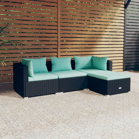 Loungesæt Til Haven 4 Dele Med Hynder Polyrattan Sort Sort Og Aquablå