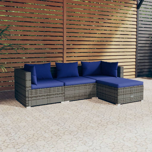 Loungesæt Til Haven 4 Dele Med Hynder Polyrattan Grå Grå Og Mørkeblå