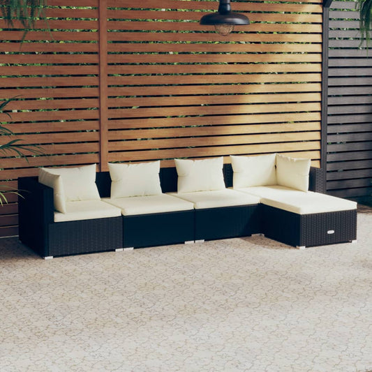 Loungesæt Til Haven 5 Dele Med Hynder Polyrattan Sort Sort Og Cremefarvet