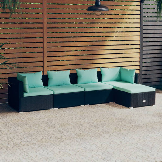 Loungesæt Til Haven 5 Dele Med Hynder Polyrattan Sort Sort Og Aquablå