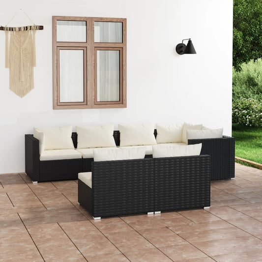Loungesæt Til Haven 7 Dele Med Hynder Polyrattan Sort Sort Og Cremefarvet