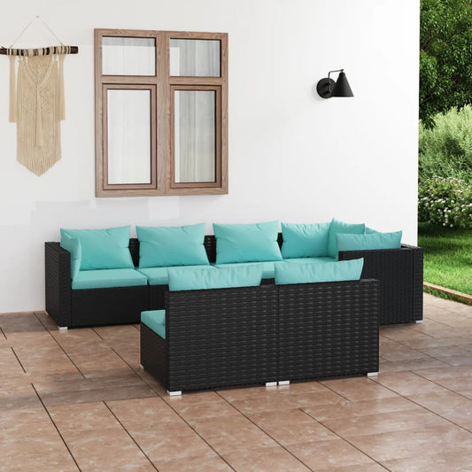 Loungesæt Til Haven 7 Dele Med Hynder Polyrattan Sort Sort Og Aquablå
