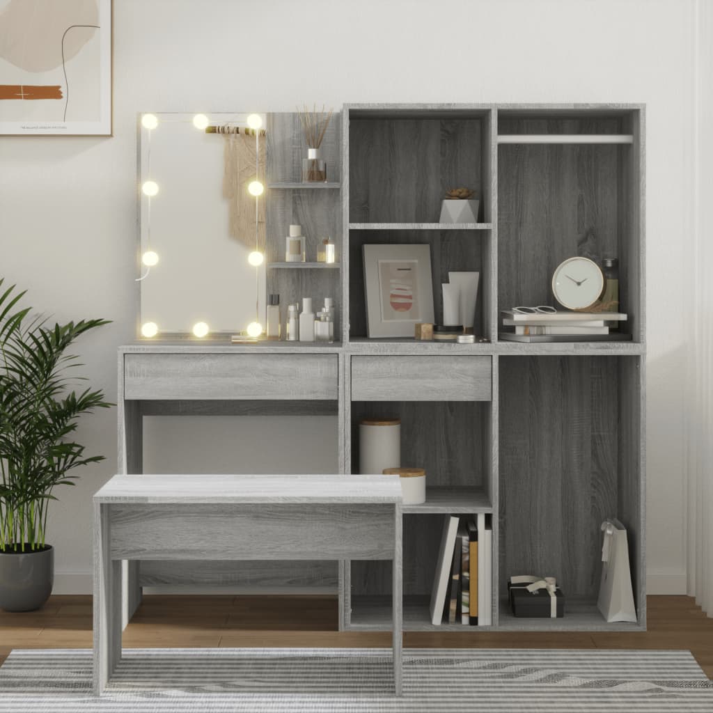 Makeupbordssæt Med LED-lys Konstrueret Træ - Variant 3114105