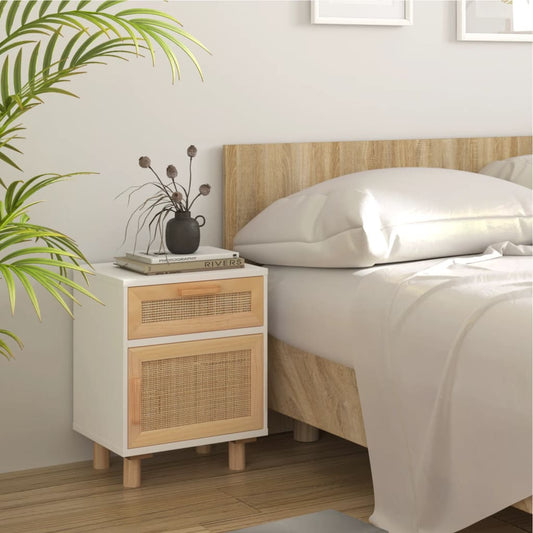 Sengebord Massivt Fyrretræ Og Naturlig Rattan