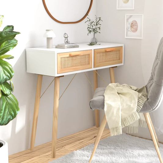 Konsolbord 80X30X75 Cm Massivt Fyrretræ Og Naturlig Rattan