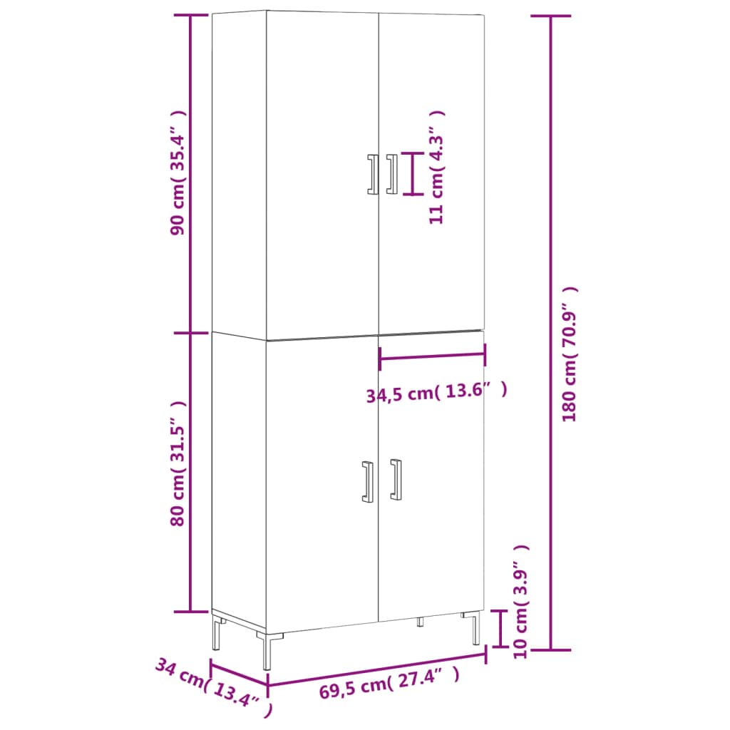 Højskab 69,5x34x180 Cm Konstrueret Træ - Billede 13