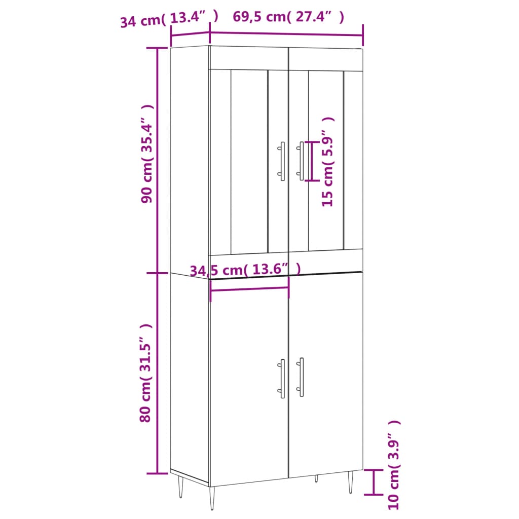 Højskab 69,5x34x180 Cm Konstrueret Træ - Billede 13